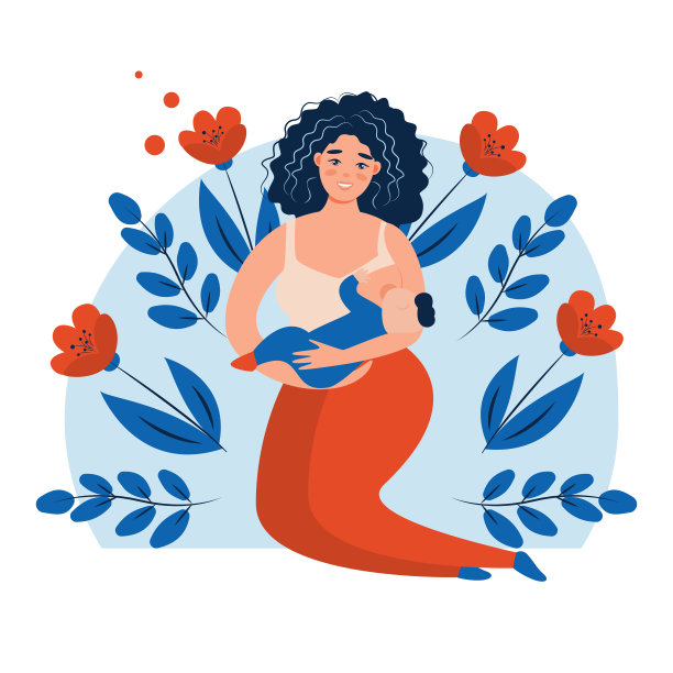 祝您母亲节快乐。矢量插图母亲母乳喂养她的新生儿，妇女与婴儿护理。花朵的背景。“n”n图片下载