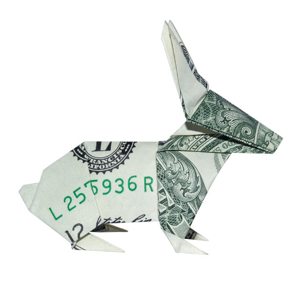 钱折纸复活节兔子折叠野兔真正的一美元纸币孤立在白色背景图片下载