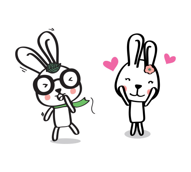 一组可爱可爱的小白兔和小白兔。兔子卡通矢量收集。图片下载