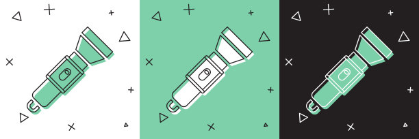 设置手电筒图标隔离在白色和绿色，黑色背景。向量图片下载