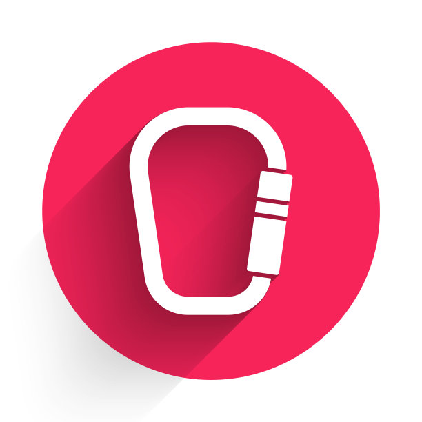 白色钩环图标孤立与长影子。极限运动。运动设备。红色圆圈按钮。向量图片下载