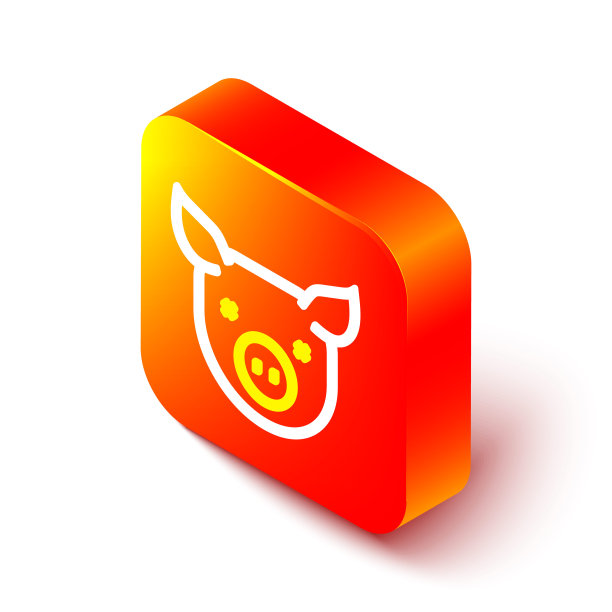 等距线猪图标孤立在白色背景。动物的象征。橙色平方按钮。向量图片下载