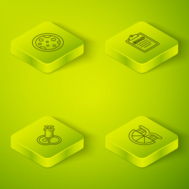 设置等距线转基因，转基因肉，橙色和培养皿与细菌图标。向量图片下载