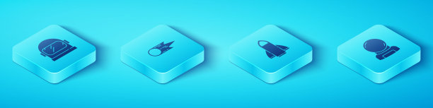 设置等距宇航员头盔，彗星快速下降，火箭船图标。向量图片下载