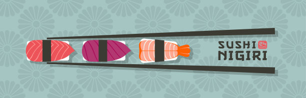 握寿司插图。筷子和日本料理寿司的传统图案。图片下载