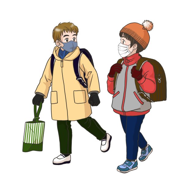 2个戴着面具的男孩在去小学的路上(冬天)图片下载