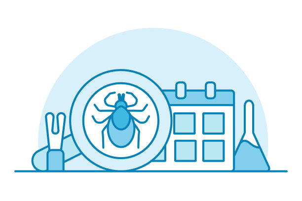 蜱季节开始的蓝色迷你插图。镊子钩和吸血药物滴药。放大镜里的昆虫。矢量平面图标为网站，应用程序，或演示。图片下载