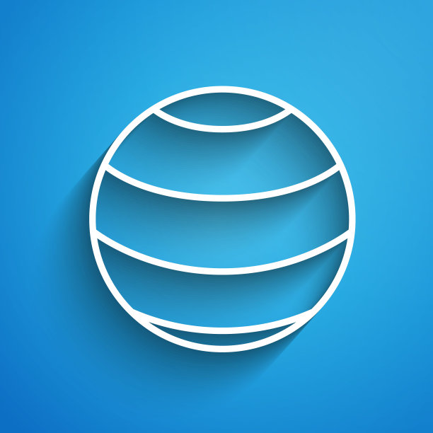 白线健身球图标隔离在蓝色背景。健身房的球。长长的阴影。向量图片下载