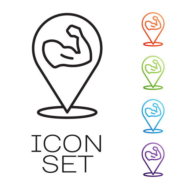 黑线健美者显示他的肌肉图标孤立在白色背景。适合健身强度健康爱好概念。设置图标丰富多彩。向量图片下载