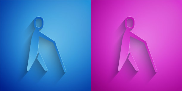 剪纸盲人握杆图标孤立在蓝色和紫色的背景。失明的残疾人。纸艺术风格。向量图片下载