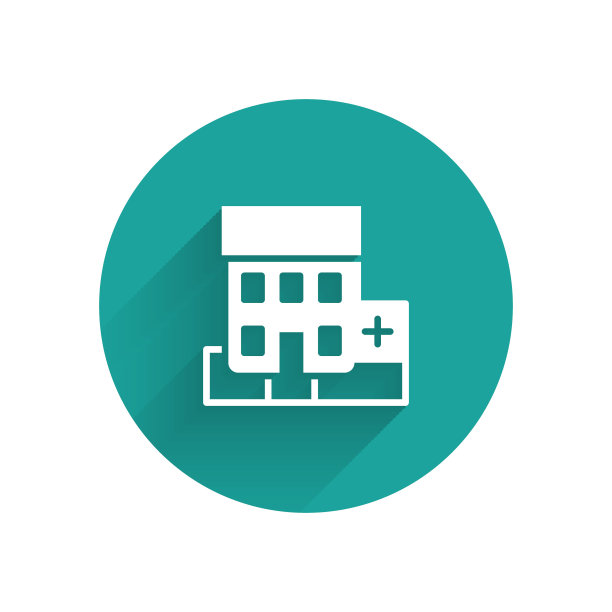 白色医院建筑与十字图标孤立与长影子。医疗中心。卫生保健。绿色圆圈按钮。向量图片下载