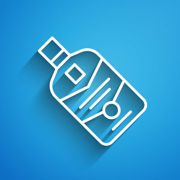 白色线威士忌酒瓶图标孤立在蓝色背景。长长的阴影。向量图片下载