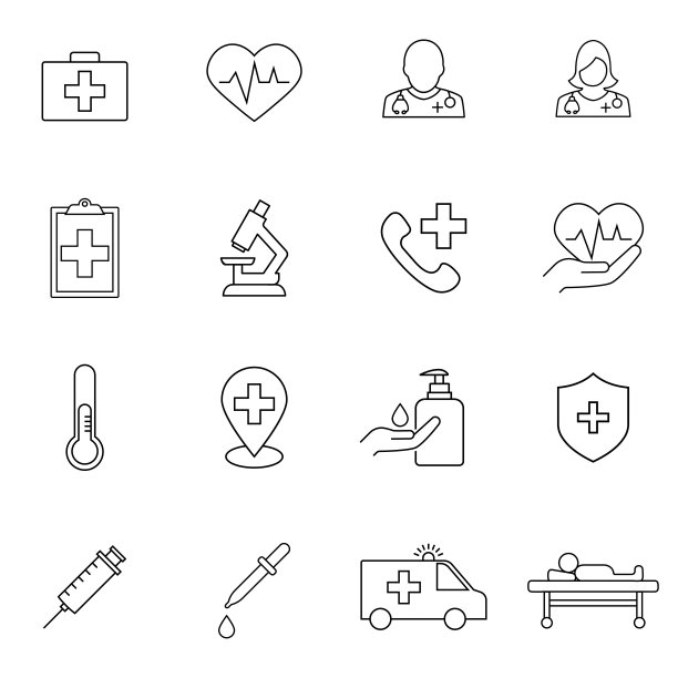 医药和医院的细线图标集。医疗服务，救护车，保健工具，药理学，复苏。大纲的迹象。网页设计，移动应用。图片下载