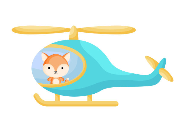 可爱的小狐狸飞行员在绿松石直升机。卡通人物适用于儿童书籍，相册，婴儿送礼会，贺卡，派对邀请，室内装潢。矢量插图。图片下载
