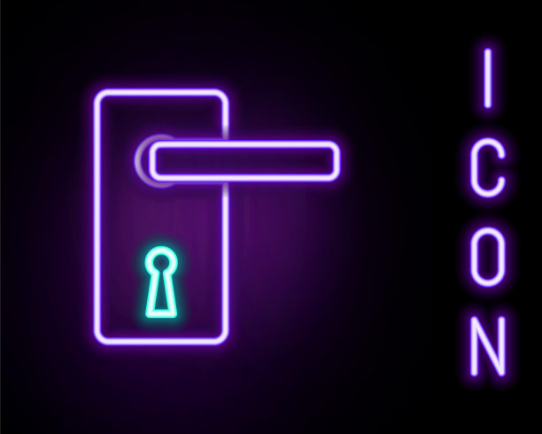 发光的霓虹灯线门把手图标孤立在黑色背景。门锁的迹象。色彩斑斓的轮廓的概念。向量图片下载
