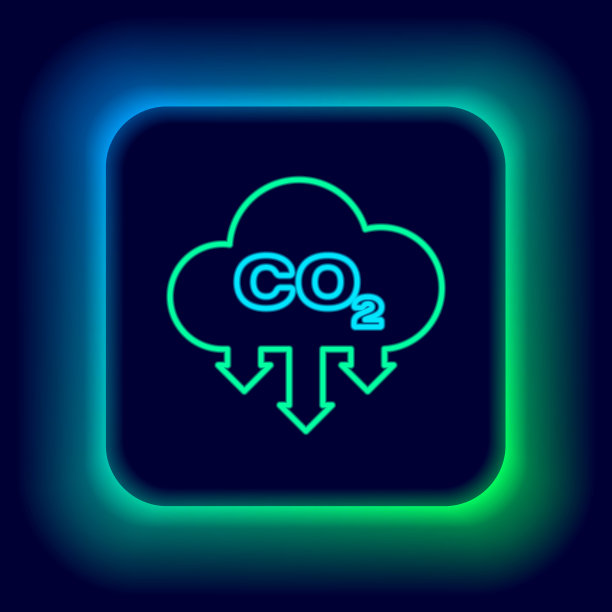 发光的霓虹灯线二氧化碳排放在云图标孤立的黑色背景。二氧化碳公式符号，烟雾污染概念，环境概念。色彩斑斓的轮廓的概念。向量图片下载
