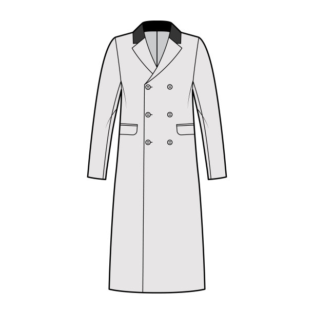 双排扣，及膝，天鹅绒开叉领的切斯特菲尔德技术时尚插图大衣。平图片下载