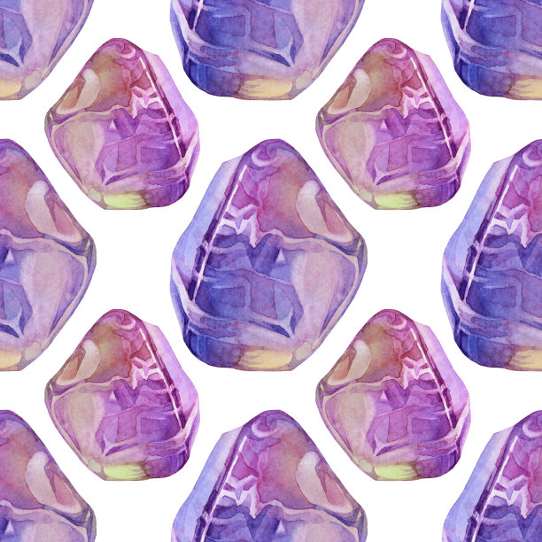 无缝图案水彩矿物粉红色紫色石英孤立在白色背景。冥想用的手绘宝石，办公用品，速写本，卡片，庆典，墙纸，包装图片下载