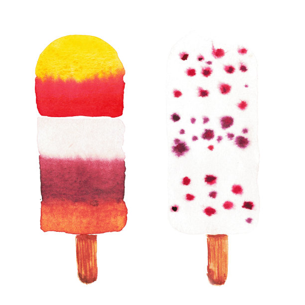 冰淇淋水彩设置在白色背景。水果五颜六色的冰淇淋。红，绿，黄，紫，橙。高分辨率手绘插图。食品设计，夏季，印刷图片下载