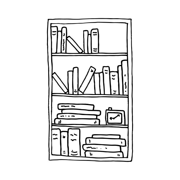 书架各种书籍涂鸦素描插图图片下载
