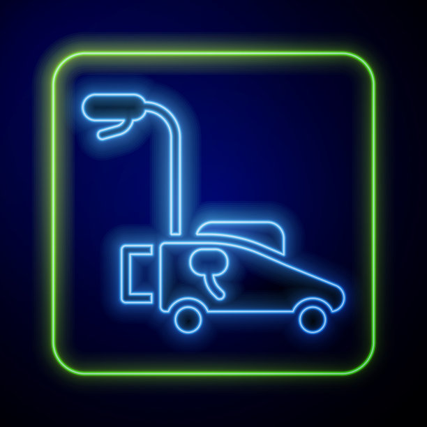 发光的霓虹灯割草机图标孤立在蓝色图片下载