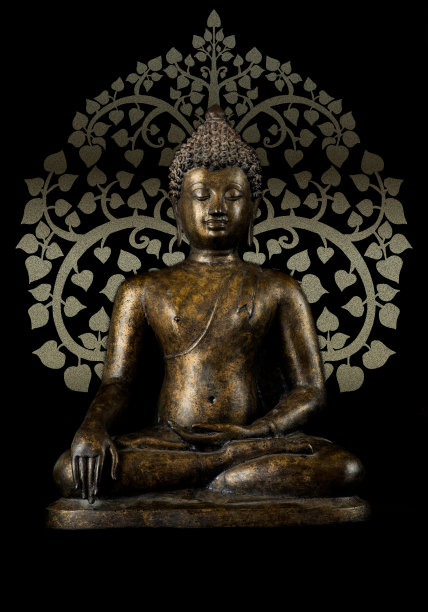 古色古香的金色佛像，以黑色为背景，以树为背景。图片下载