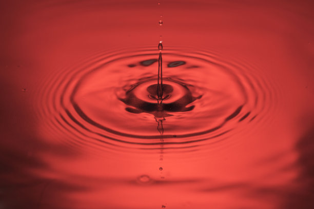近距离观察雨滴在蓝色水面上孤立的红色背景上的圆圈。图片下载