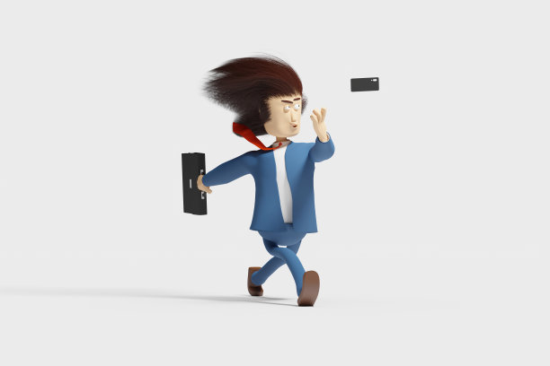 滑稽卡通风格的长头发商人匆忙地去他的业务和扔掉他的手机。图片下载