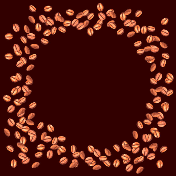 四散烘咖啡豆空白圆框。水彩手工绘制的菜单或包装模板插图图片下载