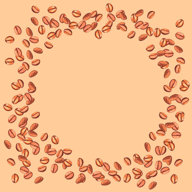 四散烘咖啡豆空白圆框。水彩手工绘制的菜单或包装模板插图图片下载