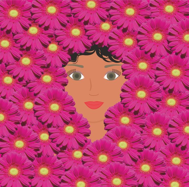 粉红色的非洲菊环绕着一张脸。矢量插图。图片下载