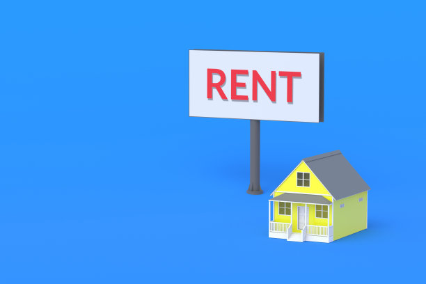 房子附近的广告牌上写着“租金”。租赁财产。房地产中介服务。负担得起的住房。投资建设。副本的空间。三维渲染图片下载