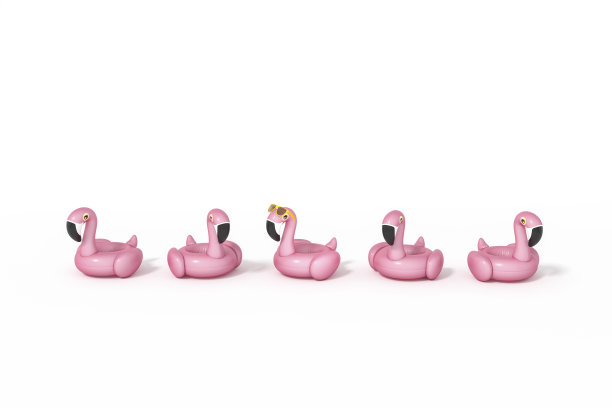 许多粉红色的火烈鸟漂浮，热带鸟类形状的充气游泳池环在白色的背景上3d渲染。3d插图夏季最小概念。图片下载