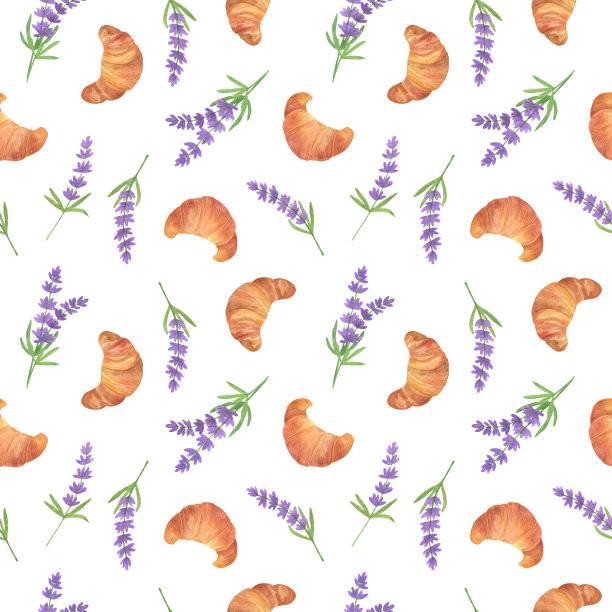 薰衣草花，美味的羊角包无缝图案，法国普罗旺斯地区的象征，夏日度假设计，手绘花卉插画假日设计，请帖，旅游用品，面料，纺织品，礼品纸图片下载