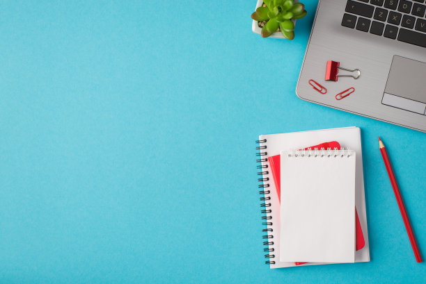 顶视图照片的工作场所与笔记本电脑红色总结性笔记本植物在孤立的蓝色背景与空白空间图片下载