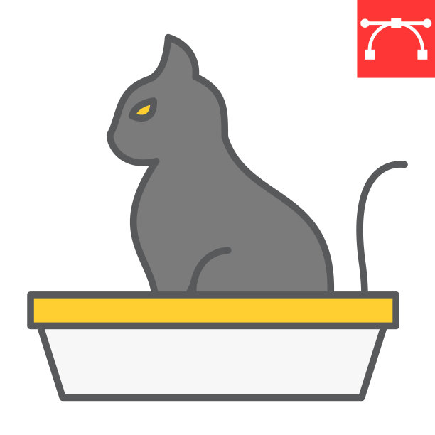 猫在宠物托盘颜色线图标，宠物商店和沙盒，猫托盘矢量图标，矢量图形，可编辑笔画填充轮廓符号，eps 10。图片下载