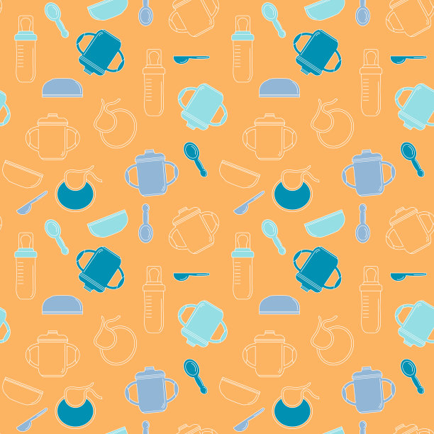 儿童无缝模式与婴儿盘，婴儿喂养器具，奶瓶。吃的概念。矢量插图的织物，纸图片下载