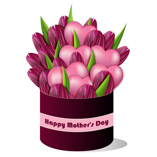 向量。母亲节的设计。紫色的郁金香和粉色的心形气球，圆帽盒，缎带。横幅，网页海报，传单，时尚的小册子，明信片，封面，品牌。图片下载