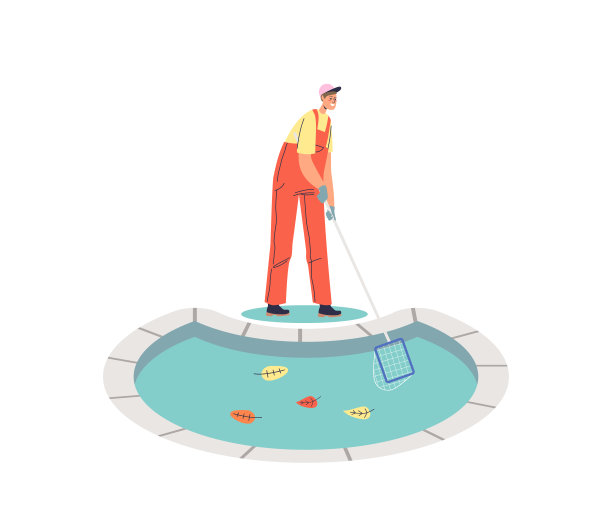 工人正在用网子清理池子里的垃圾和树叶。专业泳池清洁服务图片下载