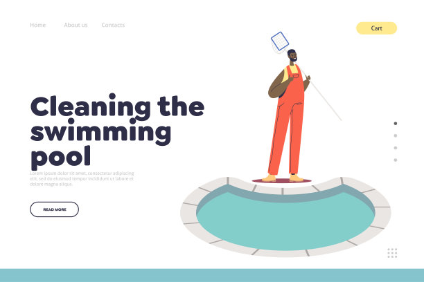 清洁游泳池的概念登陆页与维修工人与撇水器在清洁的水图片下载