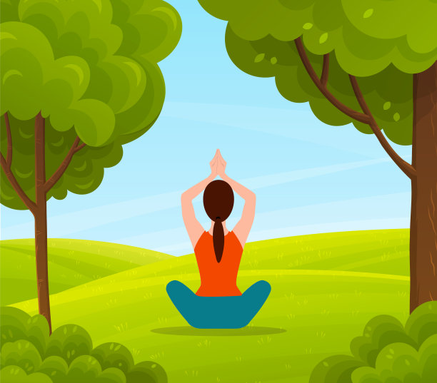 年轻女子在大自然中放松，做瑜伽。绿色的景观，树木，草地，晴朗的天空，瑜伽乡村图片下载