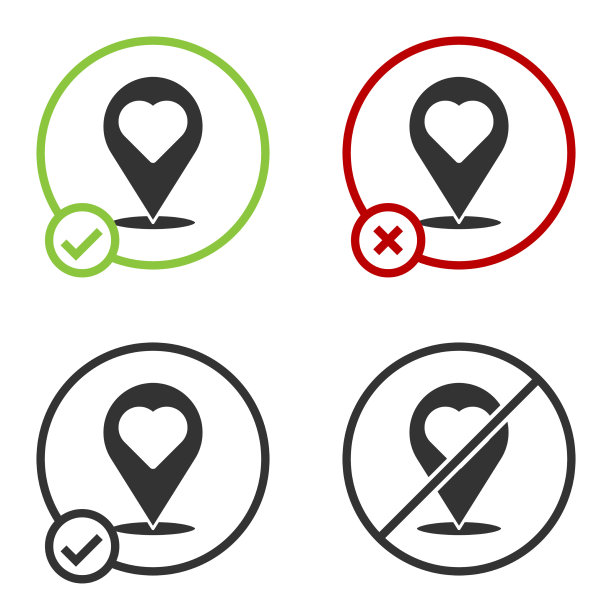 黑色地图指针与心脏图标隔离图片下载