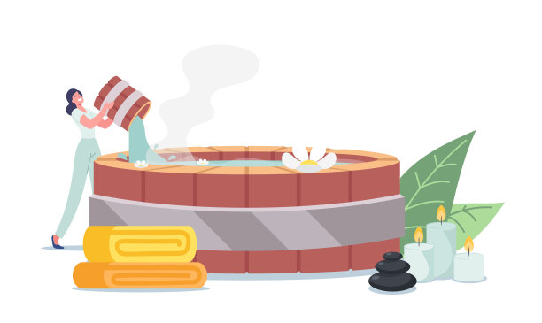 女性角色将热水倒进传统的日本温泉与鲜花，石头，蜡烛和毛巾图片下载
