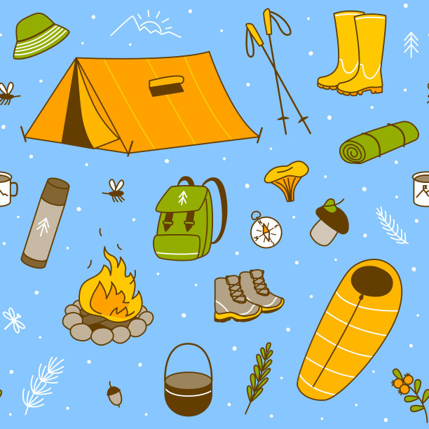 蓝色背景森林登山元素无缝图案图片下载