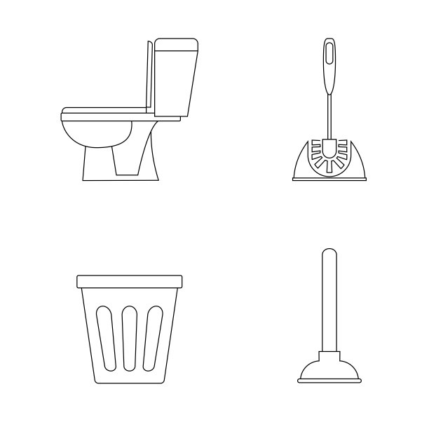 厕所图标。洗手间。厕所，浴室的轮廓。厕所刷、活塞和垃圾桶。管道服务。浴室清洁设备。可编辑的中风。向量的迹象图片下载