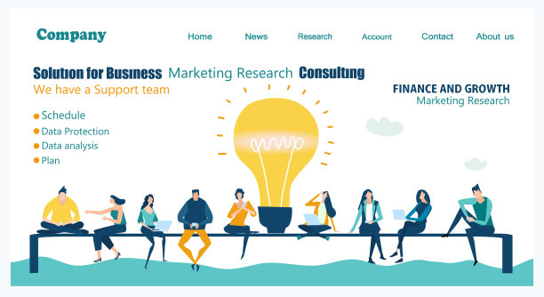 平面设计的商务人士坐在灯泡、网站或应用程序页面模板旁边。技术，战略规划，发展，业务解决方案，咨询，市场研究概念图片下载