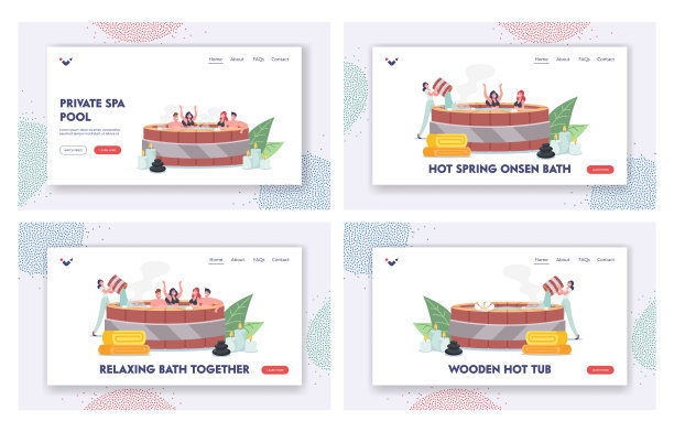 角色放松在日本温泉登陆页面模板集。温泉度假村。朋友们享受温泉池图片下载