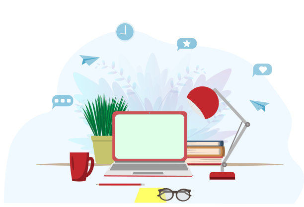 一个有笔记本电脑，书籍，眼镜，台灯和铅笔，在线教育理念的工作场所图片下载