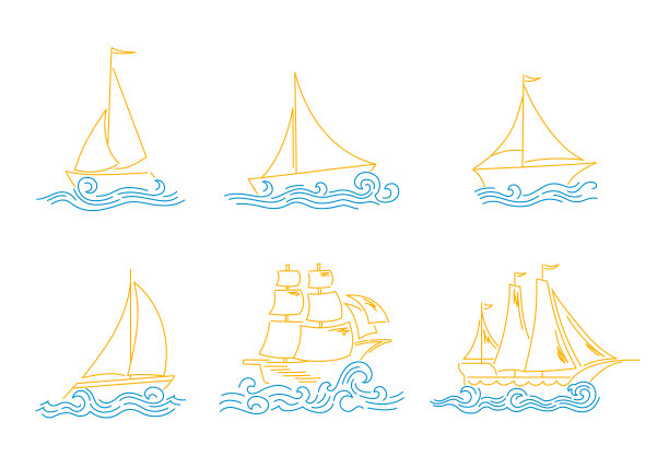 矢量涂鸦设置简单的帆船和波浪。图片下载