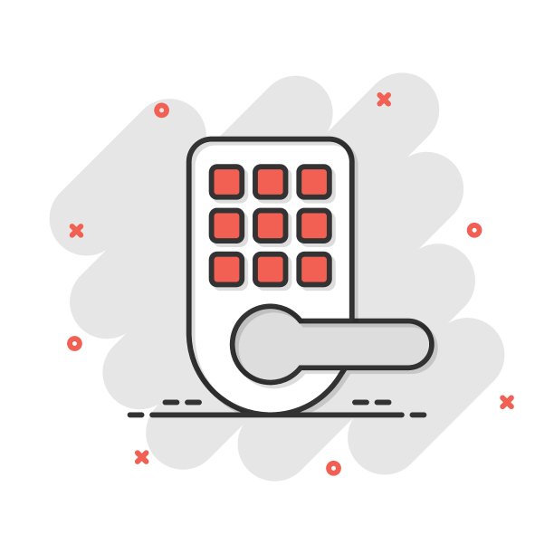 无线门锁标志图标漫画风格。智能家居矢量卡通插图的白色孤立的背景。远程系统业务概念的飞溅效应。图片下载